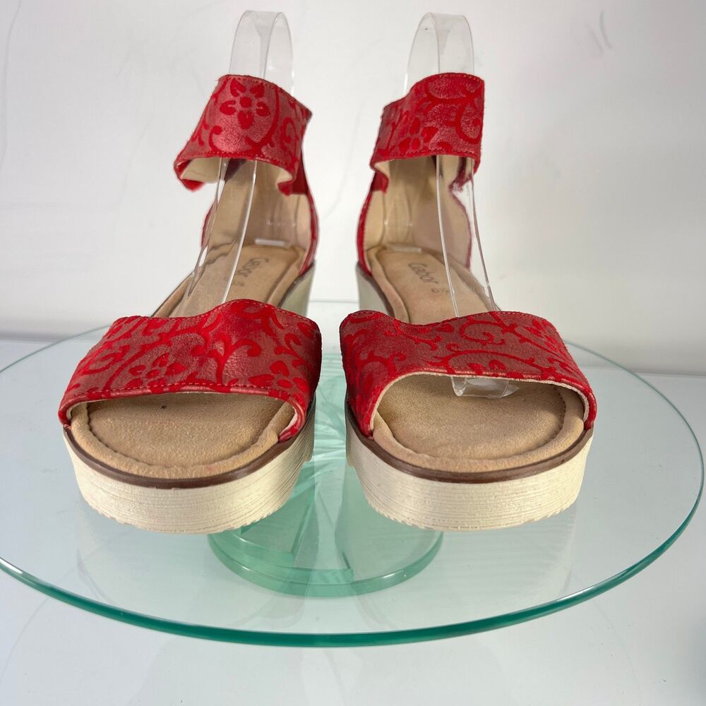 Gabor Paisley Wedge Sandals Red Platform Ankle Strap Leather - Picture 2 of 8